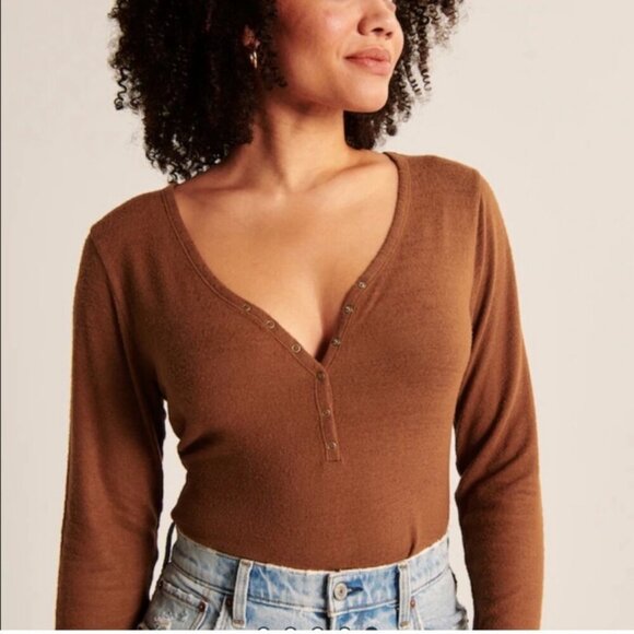 Abercrombie & Fitch Soft AF Cozy brown long sleeve bodysuit size Large - Picture 2 of 9